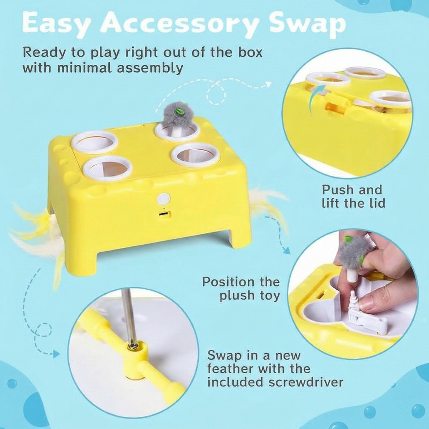 2-in-1 Cat Toys Interactive for Bored Indoor Cats, Automatic Electric Feather Cat Toy, 4 Holes Mole, Rotating Feather, USB Rechargeable