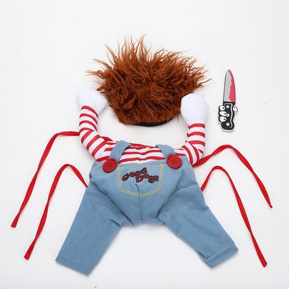 Funny Killer Doll Dog Costume - Messy Wig, Plush Knife & Overalls | Cute Hilarious Pet Cosplay for Small to Large Dogs
