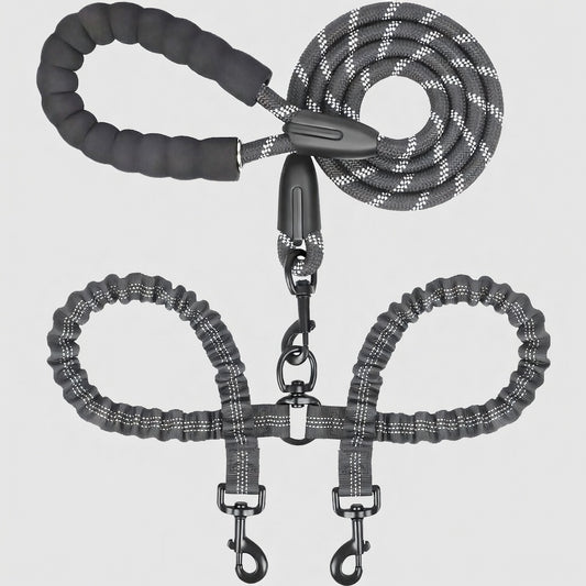 Dual Dog Leash, Double Dog Leash, 360 Swivel No Tangle Walking Leash, Shock Absorbing Bungee for Two Dogs