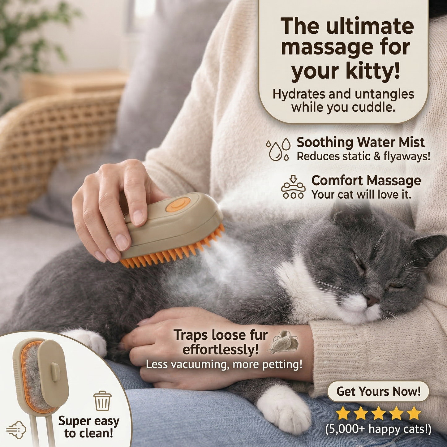 🐱 3-in-1 Cat Steam Brush – Pet Grooming Tool with Mist Spray, Shedding Comb & Massage for Cats & Dogs