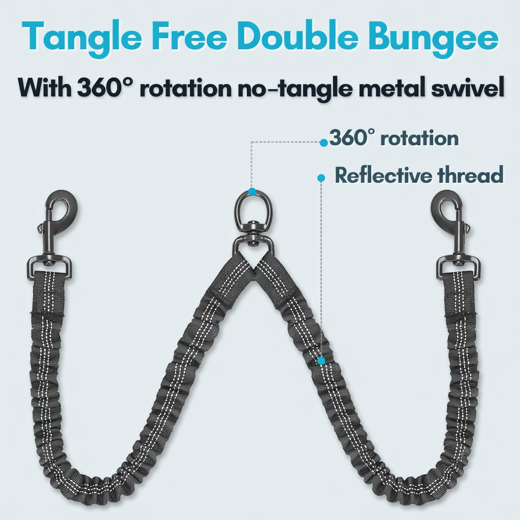 Dual Dog Leash, Double Dog Leash, 360 Swivel No Tangle Walking Leash, Shock Absorbing Bungee for Two Dogs