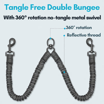 Dual Dog Leash, Double Dog Leash, 360 Swivel No Tangle Walking Leash, Shock Absorbing Bungee for Two Dogs